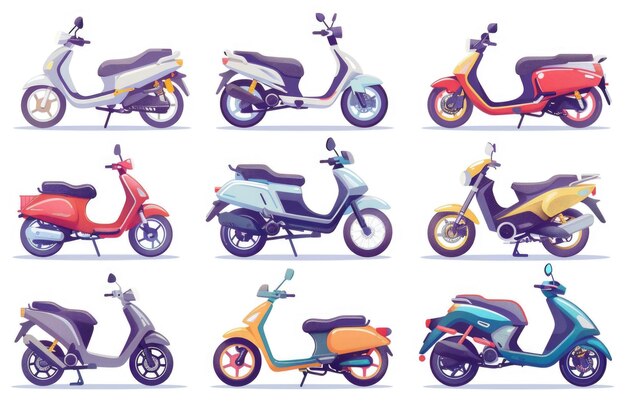 Foto un conjunto de scooters de diferentes colores sobre un fondo blanco ideal para conceptos de publicidad y transporte