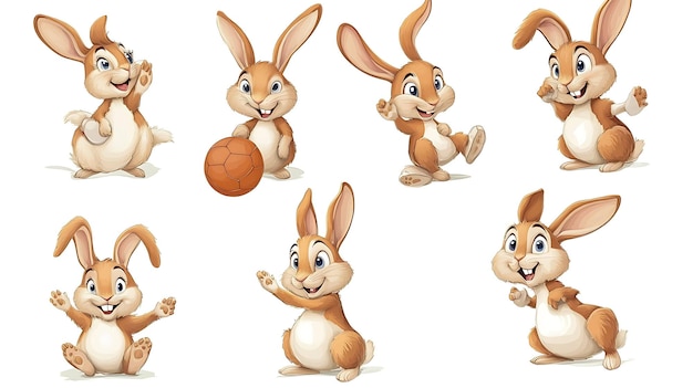 Un conjunto de seis conejitos de dibujos animados en diferentes poses