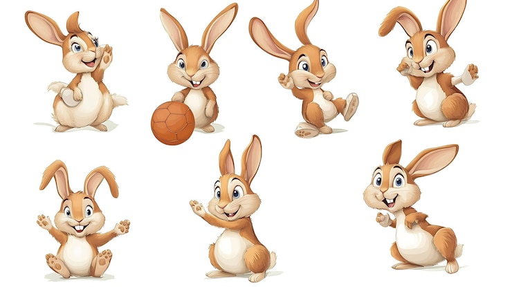 Foto un conjunto de seis conejitos de dibujos animados en diferentes poses