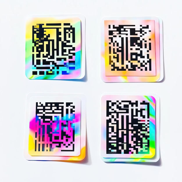 Un conjunto de seis pegatinas de tiras inspiradas en códigos QR que muestran patrones de códigos de barras abstractos, efectos de glitch digital y acentos de neón sutiles aislados en un fondo blanco limpio, perfectos para proyectos inspirados en la tecnología