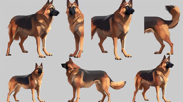 Un conjunto de seis poses de dibujos animados de perros pastores alemanes Las poses incluyen estar de pie, sentado y acostado