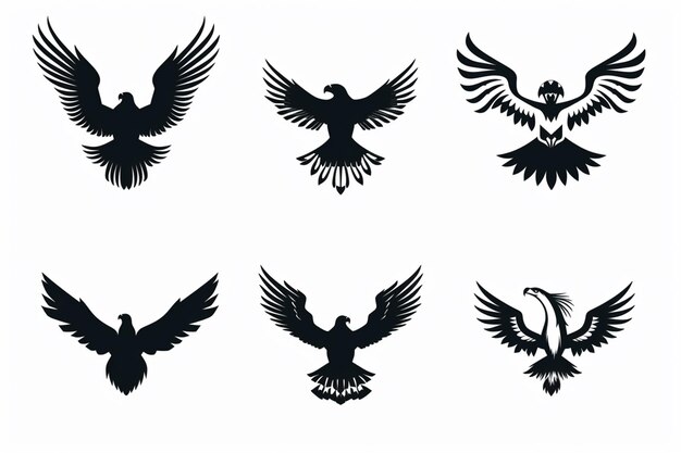 Foto un conjunto de seis siluetas negras de aves con alas abiertas generativas ai