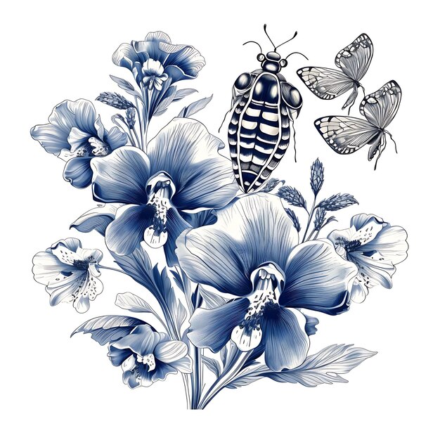 Conjunto de sello de Delphinium con diseños de tatuaje de camiseta Bumblebee y Sw Clipart de color azul monocromático