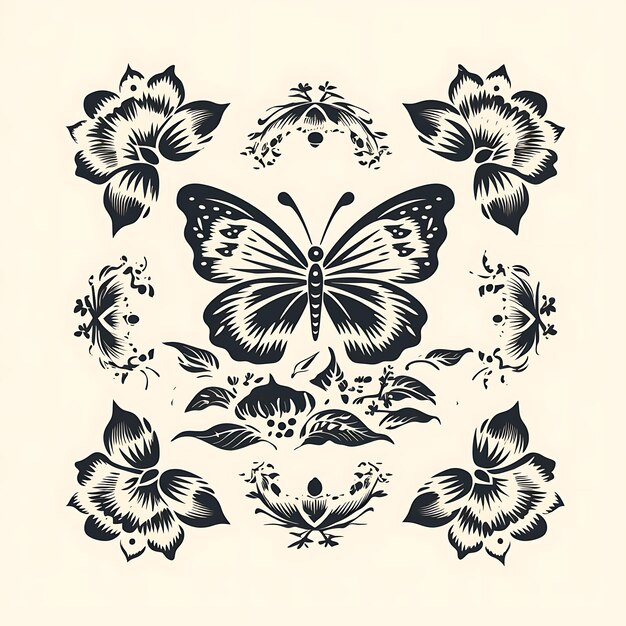 Conjunto de sello de loto con decoración de mariposas de color blanco monocromo, imágenes prediseñadas, diseños de tatuajes para camisetas