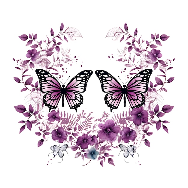 Conjunto de sellos de Lantana con mariposas monocromáticas de color púrpura y diseños de tatuajes de camisetas Dra Clipart