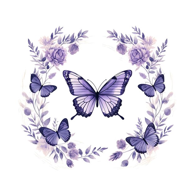 Conjunto de sellos de lavanda con diseños de tatuajes de camisetas de decoración de mariposas de color púrpura monocromo