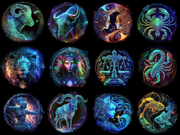 Foto conjunto de signos del zodiaco horóscopo astrológico colección de signos del zodiaco generativo ai