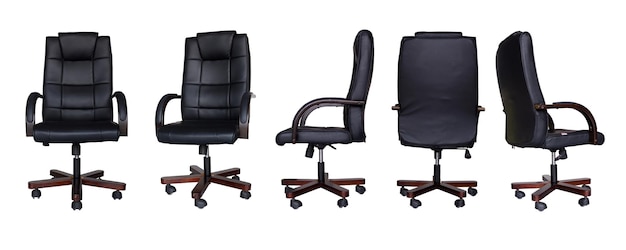 Conjunto de silla de oficina o silla de escritorio aislada sobre fondo blanco en varios puntos de vista Sillón o taburete en ángulos laterales traseros delanteros Muebles para diseño de interiores silla de oficina negra