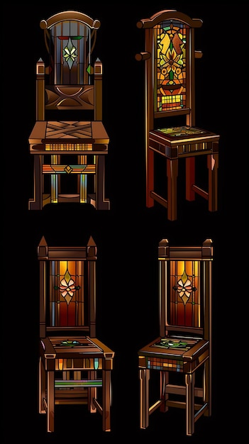 Conjunto de sillas de comedor de estilo arte y artesanía de 32 bits con Pixel Handcr Asset Game Design Concept Art