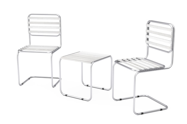Conjunto de sillas y mesa de metal moderno con tablones de madera sobre un fondo blanco. Representación 3D