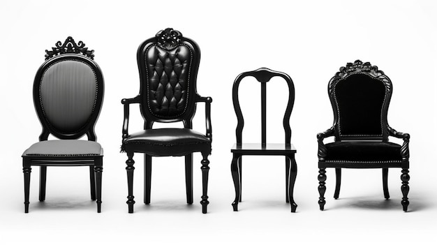 Un conjunto de sillas negras con respaldo negro y una silla negra con fondo blanco.
