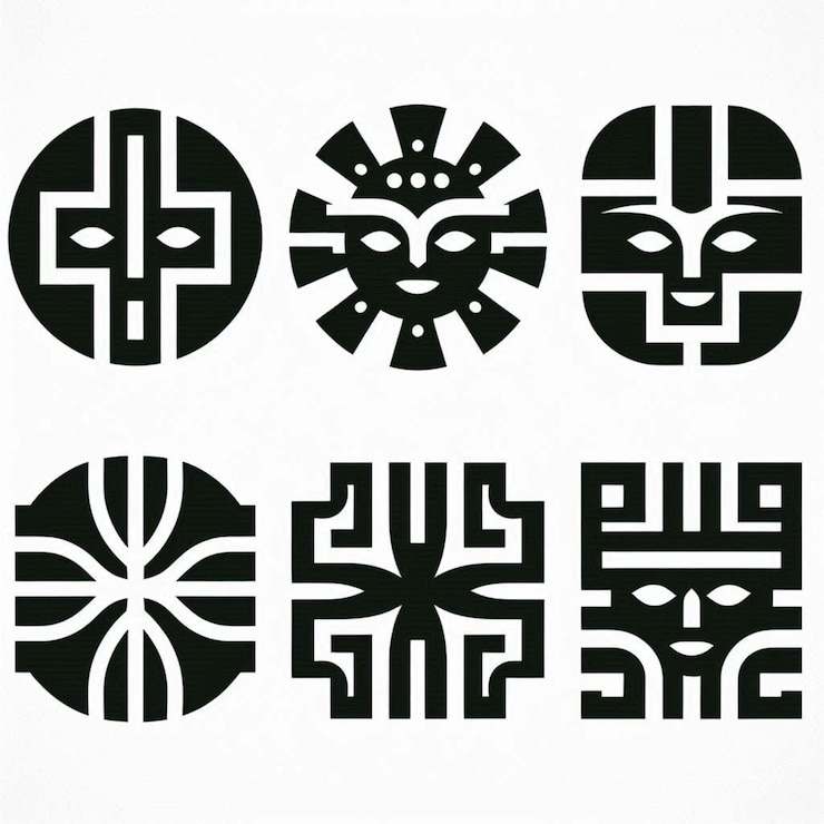 Foto conjunto de siluetas en negrita de símbolos de adinkra que representan la sabiduría, la fuerza y la unidad en el diseño geométrico