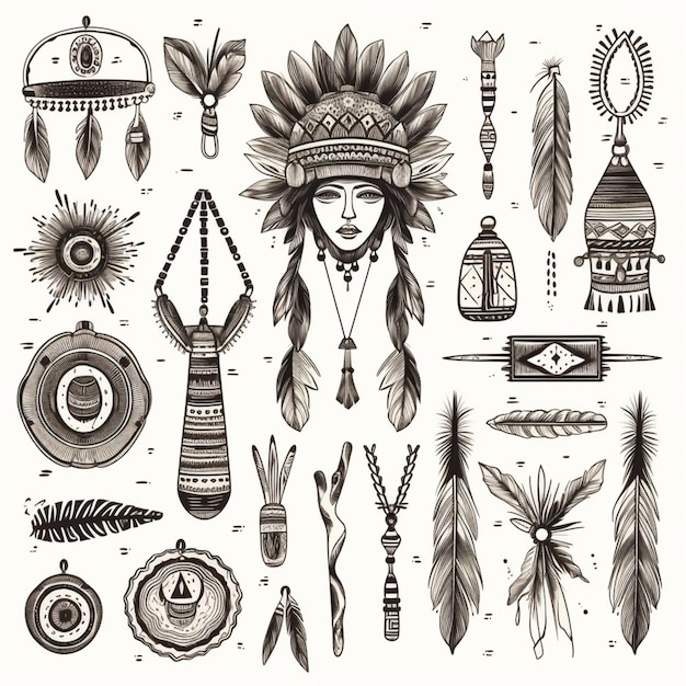 Un conjunto de símbolos y diseños nativos americanos AI Generative
