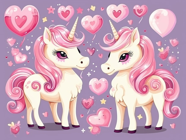 Conjunto de simpáticos unicornios rosados con corazones ilustración vectorial de amor
