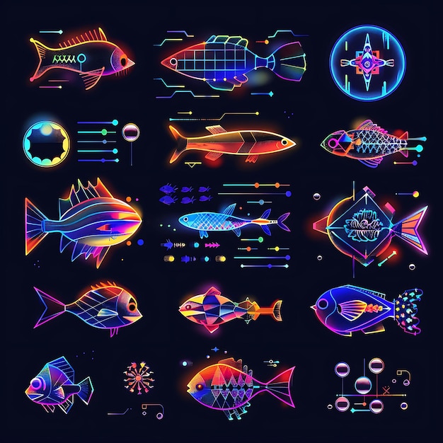 Conjunto de simples píxeles submarinos de 16 bits con peces y burbujas y T-shirt de Geo Game Asset Concept Art