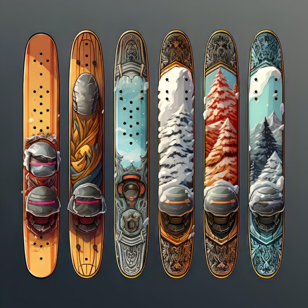 Conjunto de snowboarders con diferentes vistas de las montañas Ilustración vectorial