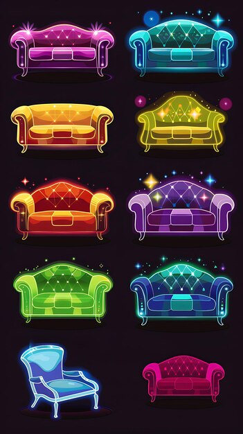 Foto conjunto de sofá de 16 bits de píxeles con patrones de diamantes y almohadas con pas juego de activos diseño concepto de arte