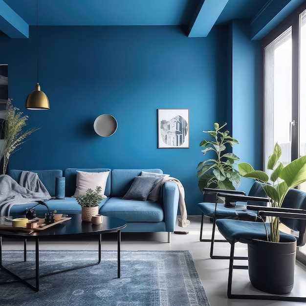 Conjunto de sofá con fondo azul junto con lámpara.