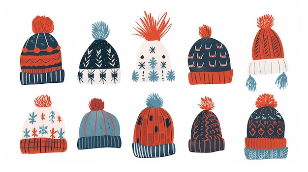 El conjunto de sombreros de invierno se compone de accesorios de cabeza de moda en lana, gorros de punto a mano y prendas de punto de lana de estilo a la moda, aislados sobre un fondo blanco, son ilustraciones modernas planas del invierno.