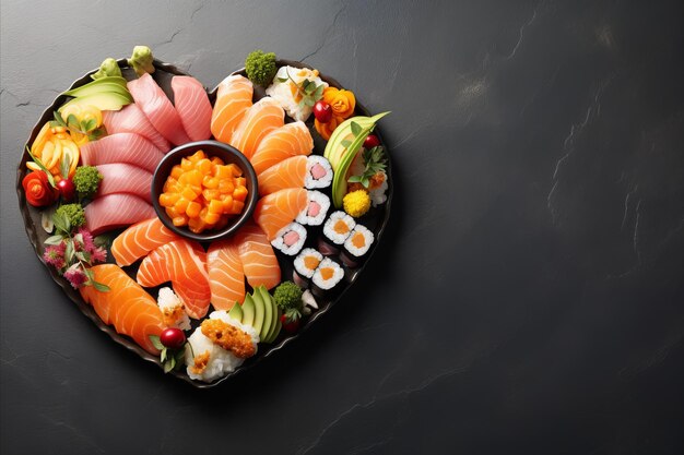 Foto conjunto de sushi en forma de corazón con espacio de copia para una experiencia gastronómica única y deliciosa el día de san valentín