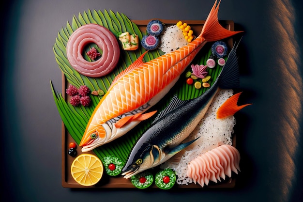 Conjunto de sushi de platos japoneses tradicionales de rollos de sashimi y sushi