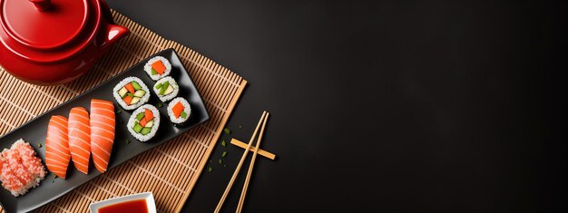Conjunto de sushi con salsa de soja wasabi y tetera sobre fondo de piedra negra IA generativa