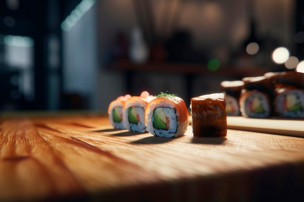 Conjunto de sushi variado dispuesto en un plato sobre una mesa de madera generado por IA