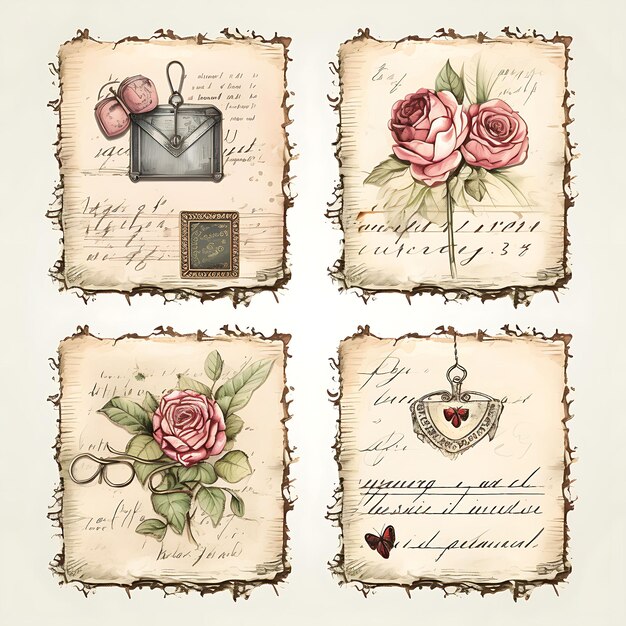 Conjunto de susurros antiguos cartas de amor en jirones papel metal angustiado 2D clipart marco de diseño de activos