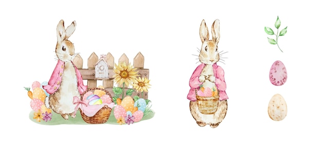Conjunto de tarjetas de acuarela de Feliz Pascua con lindos conejos de Pascua huevos flores de primavera en colores pastel