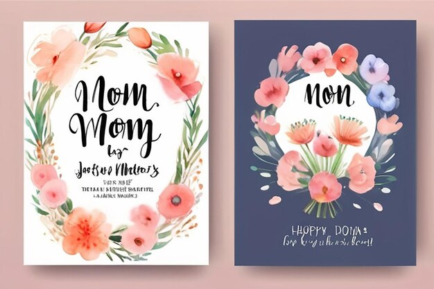 Foto conjunto de tarjetas para el día de la madre con hermosas ilustraciones de acuarela de moda de madre e hija