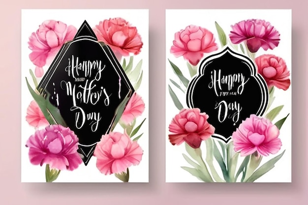 Foto conjunto de tarjetas de felicitación para el día de la madre con flores de clavel de acuarela