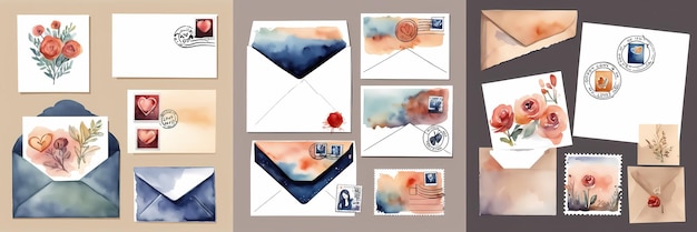 Conjunto de tarjetas postales con sobre Ilustración aislada pintada a mano en acuarela sobre fondo gris