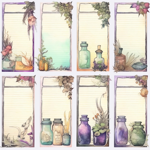Conjunto de tarjetas verticales con hierbas y especias Ilustración acuarela