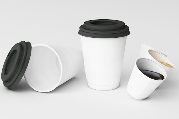 Conjunto de tazas de café blancas sobre un fondo blanco renderización 3D