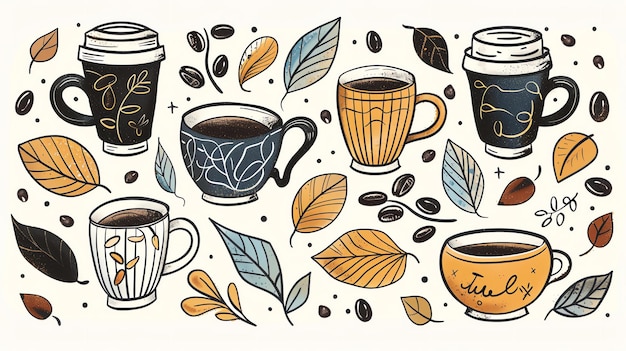 Un conjunto de tazas de café dibujadas a mano y hojas de otoño La ilustración es de un estilo cálido y acogedor y sería perfecta para un acogedor día de otoño