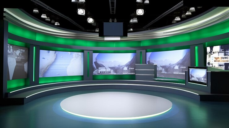 Un conjunto de televisores de estudio con un fondo verde y blanco.