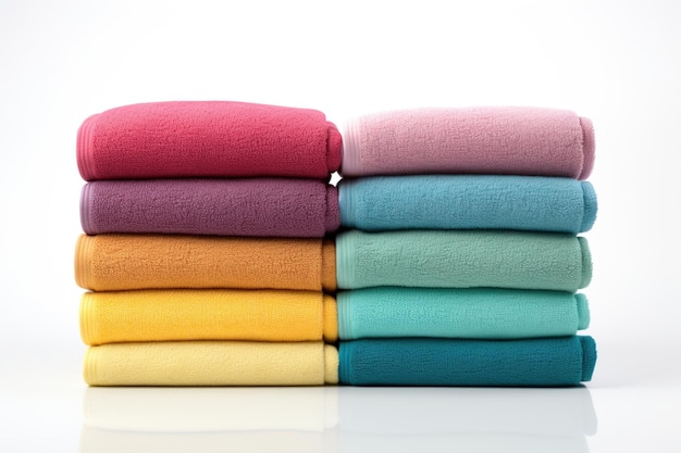 Conjunto de toallas de colores dobladas y enrolladas en blanco