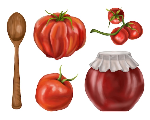 Conjunto de tomates de verduras frescas cuchara de madera y salsa en un frasco de vidrio Ilustración digital en un fondo blanco Cosecha de verduras saludables del agricultor productos orgánicos para una nutrición saludable