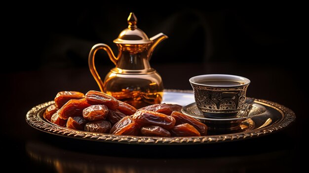 Foto conjunto tradicional de café árabe e datas