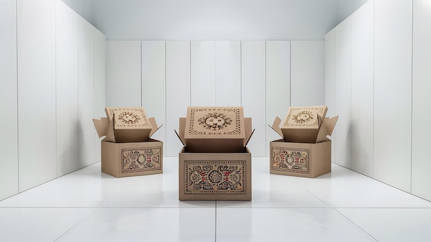 Conjunto de tres cajas de cartón de artesanía similares sin etiqueta con cubiertas bellamente dispuestas en un estudio w