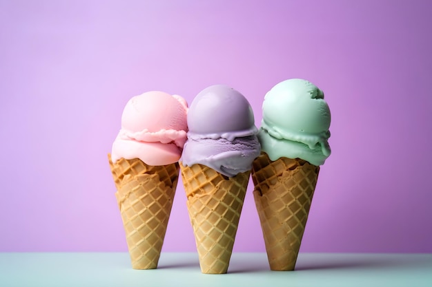 Un conjunto de tres conos de helado diferentes en conos de gofre sobre un fondo violeta