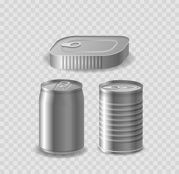 Conjunto de tres contenedores metálicos lata de sardina rectangular lata de soda y una lata de lata cilíndrica 3d