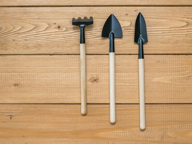 Un conjunto de tres elementos para cultivar la tierra sobre un fondo de madera Una herramienta para la labranza