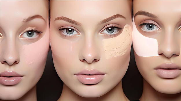 un conjunto de tres maquillajes faciales diferentes para una mujer.