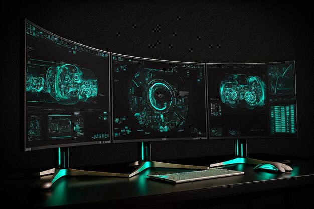 Un conjunto de tres monitores con una pantalla LED verde que dice 'v'on it