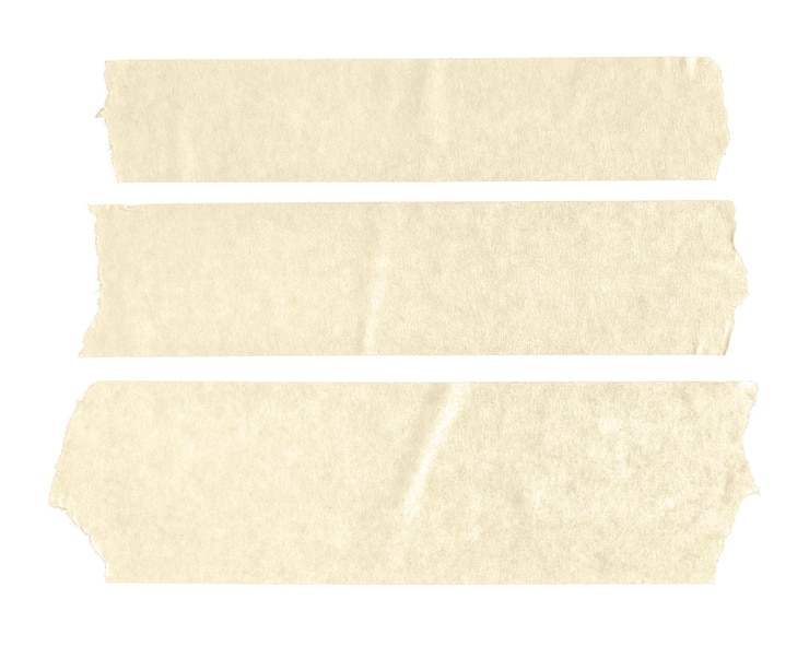 Foto conjunto de tres pegatinas de cinta de papel en blanco beige aisladas sobre fondo blanco. maqueta de plantilla