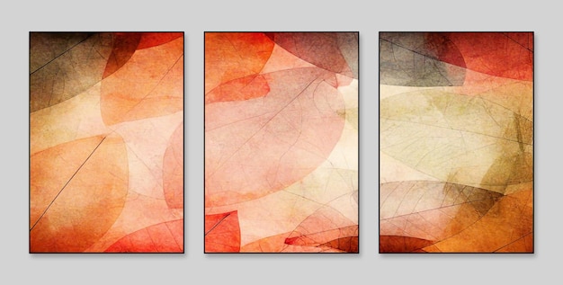 Un conjunto de tres piezas de arte con hojas.