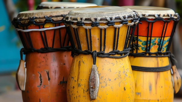 Foto un conjunto de tres tambores africanos los tambores están hechos de madera y tienen una cabeza de piel de cabra