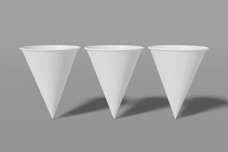 Foto conjunto de tres tazas de papel blanco en forma de cono de representación 3d.