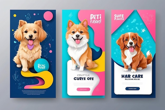 Foto conjunto de tres telón de fondo geométrico rizado de promoción de cuidado de mascotas banner paquete de redes sociales plantilla vector premium